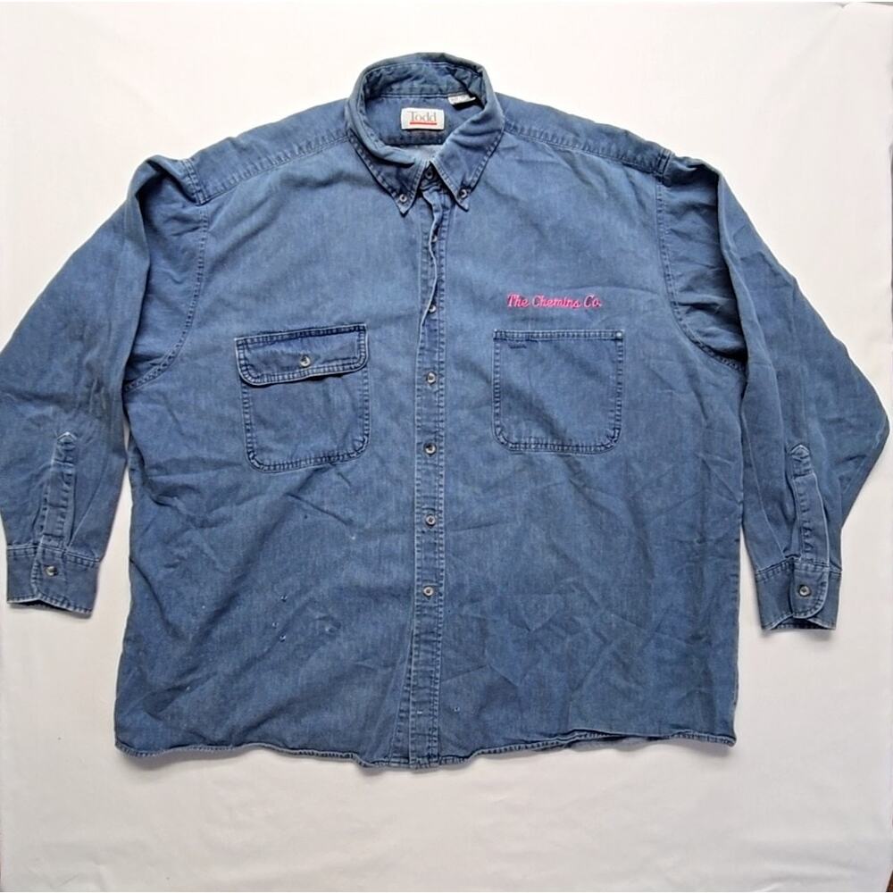 Vintage Todd Denim Shirt The Chems Co Embroidered Blue 2X Button Down 90s